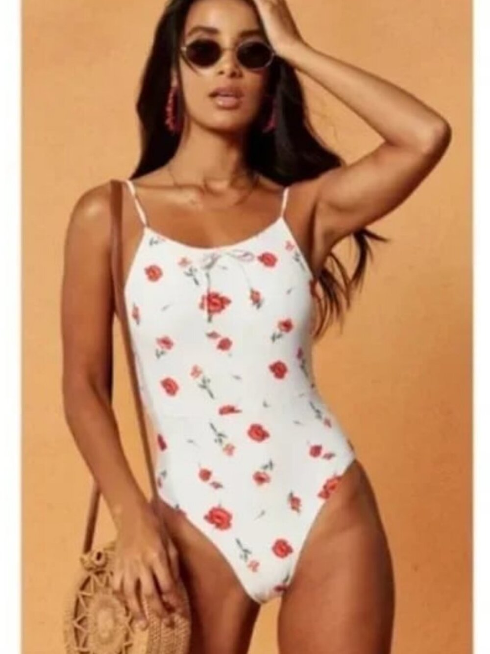 NWT CHARLIE HOLIDAY Valentine Floral One-Pc Swimsuit Tie-Shoulders White Red 6